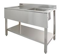 Lavello laboratorio commerciale acciaio inox 120x60x105cm, sgocciolatoio angolato a Sinistra, ripiano inferiore, alzata 12cm, montaggio piatto, rubinetto e accessori inclusi
