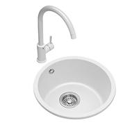 lavello, Lavello da cucina, lavello in pietra di quarzo bianco, lavello a canale con rubinetto, lavello rotondo piccolo, lavello da cucina for balcone, lavello sottopiano(42Cm)