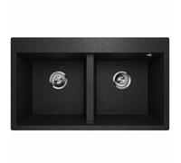 Lavello Lavello da incasso in granito nero metallizzato, profondità 81 x 47,5 cm, 2 vasche da cucina, facile da pulire, antigraffio, reversibile, con set di scarico e scarico di alta qualità