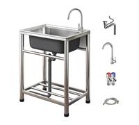 Lavello multifunzionale, lavello da cucina freestanding a vasca singola | Lavello in Acciaio Inox, con Linee Acqua Calda e Fredda, Adatto for Lavanderie Esterne e Aree Lavastoviglie(60*45cm(24*18in))
