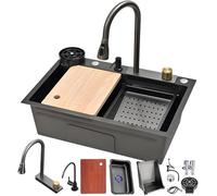 Lavello multifunzione in acciaio inox nero con rubinetto a cascata estensibile tazza ad alta pressione R tagliere sifone cestello di scarico e raccordo troppopieno