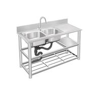 Lavello multiuso in acciaio inossidabile a doppia vasca, lavello da cucina commerciale con banco da lavoro, design indipendente for carichi pesanti for ristoranti(C,150x50x80cm)