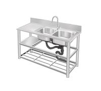Lavello multiuso in acciaio inossidabile a doppia vasca, lavello da cucina commerciale con banco da lavoro, design indipendente for carichi pesanti for ristoranti(E,150x50x80cm)