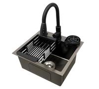 Lavello nero in acciaio inox, 45 x 37 cm, lavello da cucina in acciaio inox, rettangolare, moderno lavello da incasso, con rubinetto e dispenser di sapone