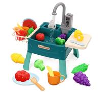 Lavello per Bambini,Lavello Giocattolo con Acqua,Sistemi Automatici di Circolazione Dell'acqua,Accessori Cucina Giocattolo giocare con il cibo e Tagliare Lavello Cucina per Bambini (Verde)