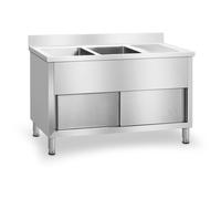 Royal Catering RCHS-1400WS Lavello Cucina Inox Lavello Armadiato Doppio Professionale (2 Vasche, Acciaio Inox, Porte Scorrevoli, 64x140x95,5 cm)