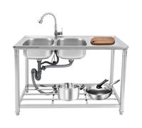 Lavello per esterni, 120 x 50 x 80 cm, 201, in acciaio inox, per esterni, autoportante, con rubinetto estraibile da 50 cm, capacità di carico 100 kg, scarico a forma di U