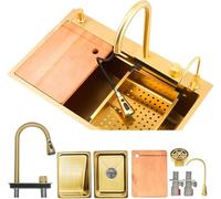 Lavello per Postazione di Lavoro 80 X 50 Cm con Rubinetto A Cascata, Set Vasca Singola in Acciaio Inox per Uso Domestico, Idropulitrici, Tagliere, Cestello Raccogligocce, Gold, 68×45cm