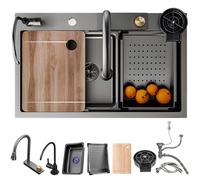 Lavello portatile, grande lavello da cucina con rubinetto estraibile a cascata, for bere, kit for lavastoviglie e scarico, in acciaio inossidabile a vasca singola(Black Grey a,75x50cm)