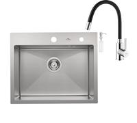 Lavello rettangolare in acciaio inox, 55 x 45 cm + rubinetto flessibile da cucina, lavello da cucina, con dispenser di sapone e sifone, lavabo da cucina, 1 bacino + rubinetto da cucina
