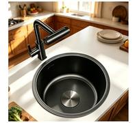 Lavello Rotondo Nero Con Rubinetto In Acciaio Inox, Piccolo Lavello Da Preparazione For Isola Cucina, Lavello Da Incasso Una Vasca Con Scarico(Black-Gray#2,36cm)