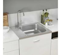 Lavello singolo in acciaio inox con sgocciolatoio, 600 x 500 x 155 mm, resistente al calore e ai graffi, con tubo di scarico, adatto per montaggio sopra o sotto piano
