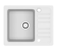 Lavello singolo in granito, bianco, in 80% quarzo, 575 x 460 x 280 mm, reversibile e resistente al calore fino a 280 °C, con cestino, lavello da appoggio, ideale per cucina e ripostiglio