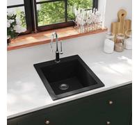 Lavello singolo in granito, nero, in 80% quarzo e 20% resina, extra profondo, 350 x 390 x 195 mm, con cestello, resistente al calore fino a 280 °C, lavello da incasso per cucina e lavanderia