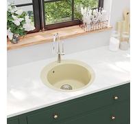 Lavello singolo in granito, rotondo, beige, extra profondo, in granito, resistente agli urti, al calore, antigraffio, con cestello incluso, facile da montare