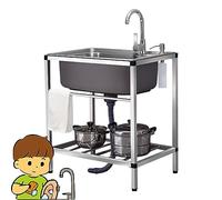 Lavello singolo indipendente, lavello di servizio, lavello da cucina in acciaio inossidabile 304 spesso con scolapiatti, 1 scomparto con rubinetto, for garage, ristorante, cucina, lavanderia, interno