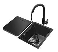 Lavello sottotop nero con coperchio, vasca singola, doccetta estraibile, accessori completi inclusi, dimensioni compatte (S: 45 x 40 x 21,5 cm), perfetto per bar domestici