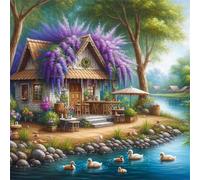 Lavender Cottage Diamond Painting Kit for Adults,5D Square Full Drill Lakeside Scenery Diamond Art Kits,DIY Crystal Embroidery Gem Art Picture Craft for Living Room Home Decor 30x30 cm
