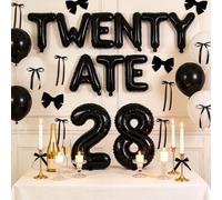 LaVenty Black Twenty Ate Banner di compleanno Blloons Decorazioni per il 28° compleanno per le donne Coquette Ventotto segno decorativo Fiocchi neri Idee per feste Forniture Bomboniere