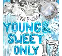 LaVenty Blu argento Young and Sweet Only 17 Decorazione di compleanno Young and Sweet Only 17 Banner Dancing Queen 17 Decoration Disco Balloons Rose Gold Birthday Banner Crown Queen Balloons