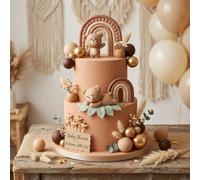 LaVenty Decorazione per torta a forma di orso marrone, palline arcobaleno beige, marrone, decorazione per torte bohémien, baby shower, feste di compleanno