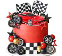 LaVenty Decorazione per torta auto da corsa Topper per torta con bandiera a scacchi che cresce due veloci Compleanno DecorFast One Fast Three Need Four Speed Decorazioni di compleanno