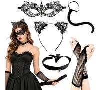 LaVenty Kit di 6 accessori sexy gotici in pizzo con orecchie di gatto e | Girocollo a forma di gatto e maschera in maschera per donne, per balli di fine anno, carnevale, feste a tema veneziano