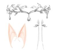 LaVenty Set di 3 copricapi da elfo in argento con orecchie da elfo e corona da elfo, tiara da fata, gioiello per capelli da elfo e fata, copricapo per fantasy e rinascimentale