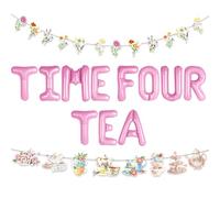 LaVenty Time Four Tea Party Decorazione per ragazza Tea Birthday Banner Garland Teiera 4 ° compleanno Decorazione Numero 4 Palloncino Foil per Tea Party Forniture