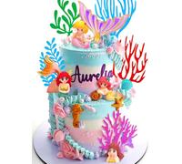 LaVenty Topper per torta a forma di sirena, decorazione per torta sotto il mare, 4 sirene + 2 code di pesce + 8 decorazioni di erba marina, Blu, Verde, Viola, per festa, Plastica, 11 cm x 1 cm