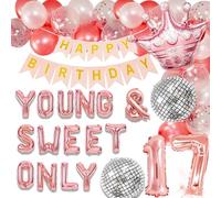 LaVenty Young and Sweet Only 17 Compleanno Decorazione Young and Sweet Only 17 Banner Dancing Queen 17 Decorazione Disco Palloncini Oro Rosa Banner di Compleanno Corona Regina Palloncini
