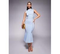 Lavish Alice - Vestito midi accollato azzurro con piccole conchiglie-Blu 40