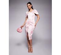 Lavish Alice - Vestito midi drappeggiato bardot in raso doppiato con stampa stile porcellana fucsia-Rosa 38