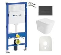 Lavita Duofix Basic Elemento a parete + WC a parete Maio Bianco Senza bordo di risciacquo + Sedile WC + Placca di comando Delta 25 Pulsante Nero Set Completo Cassetta di Risciacquo da Incasso Toilette