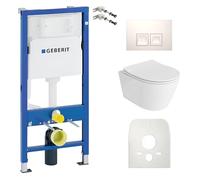 Lavita Duofix Basic Elemento a parete + WC a scarico profondo Praia Bianco senza bordo + Sedile WC + Pannello di comando Pulsante bianco Set completo Cassetta di scarico da incasso WC Set completo WC