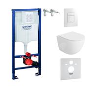 LAVITA Elemento da parete Solido + parete sospesa WC Sinto bianco senza bordi e sedile WC SoftClose | Pulsante bianco lucido | Set completo | Cassetta di risciacquo da incasso | WC completo | Set