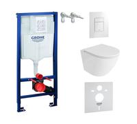 LAVITA Elemento da parete Solido + parete sospesa WC Sofi One bianco senza bordi e sedile WC SoftClose | Pulsante bianco lucido | Set completo | Cassetta di risciacquo da incasso | WC completo |