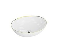 LAVITA Fresa Gold Lavabo da appoggio ovale senza troppopieno e foro per rubinetto, in porcellana di alta qualità, moderno lavabo in ceramica, 41,5 x 34 x 13,5 cm, bianco/oro