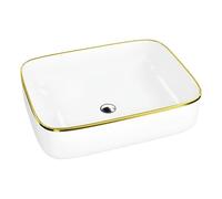 LAVITA Galera Gold Line - Lavabo da appoggio rettangolare, senza troppopieno e foro per rubinetto, in porcellana di alta qualità, 50,5 x 40 x 14 cm, colore: bianco/oro