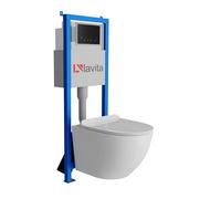 Lavita LAV 101 - Elemento da parete per WC 40 cm + parete sospesa per WC SOFI SLIM bianco, senza bordi e pannello di controllo LAV 200.3.4, colore nero, set completo | cassetta di risciacquo da