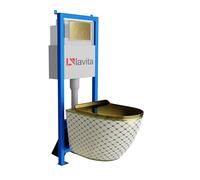 Lavita LAV 101 - Elemento da parete per WC 40 cm + parete sospesa per WC SOFI SLIM CHECKED GOLD senza bordi + pannello di controllo LAV 200.4.5 oro, set completo | cassetta di risciacquo da incasso |