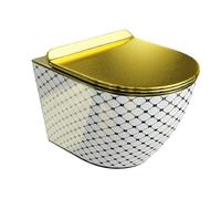 LAVITA Sofi - WC da parete Slim Checked Gold sospeso, coperchio a colori con abbassamento automatico e cerniere in metallo, senza bordi, 365 x 490 x 395 mm, colore: Oro/Bianco