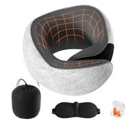 Lavlola Cuscino da viaggio per il collo, in memory foam, regolabile e compatto, per auto, treno, casa, ufficio, con tappi per le orecchie, maschera per gli occhi, borsa per il trasporto (grigio chiaro