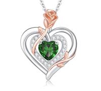 LAVUMO Collana Donna Argento 925 Ciondolo Doppio Cuore Fiore Rosa, Gioielli Donna Pietre Portafortuna, Regalo Donne Compleanno San Valentino Festa Della Mamma Regali (Argento-05-Maggio)