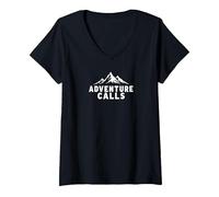 L'avventura Chiama Mountain Peaks Outdoor Explorer Maglietta con Collo a V, Donna, Nero, XL