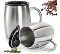 Lawei, 2 tazze da caffè in acciaio inox da viaggio, a doppia parete, isolate con coperchio, infrangibili, senza BPA, con manico per bevande calde e fredde, 400 ml
