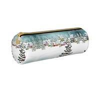 Lawenp Astuccio cilindrico in pelle Christmas Town Snowflake Night Moon Pattern Astuccio portatile Astuccio portapenne per scuola universitaria