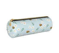 Lawenp Astuccio per matite cilindrico in pelle Cartoon Bees Of Daisy Flower Pattern Borsa per matite portatile Custodia per penna Organizer per la conservazione