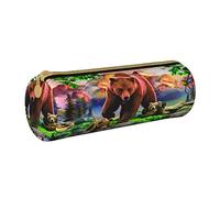 Lawenp Astuccio per matite cilindrico in pelle Happy Three Bear Painting Pattern Borsa per matite portatile Custodia per penna Organizer per la conservazione