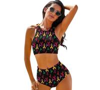 Lawenp Set Bikini da Donna a Due Pezzi con Nastri, Fiori e Farfalle per la Lotta Contro Il Cancro al Seno, Costume da Bagno a Vita Alta per Donna